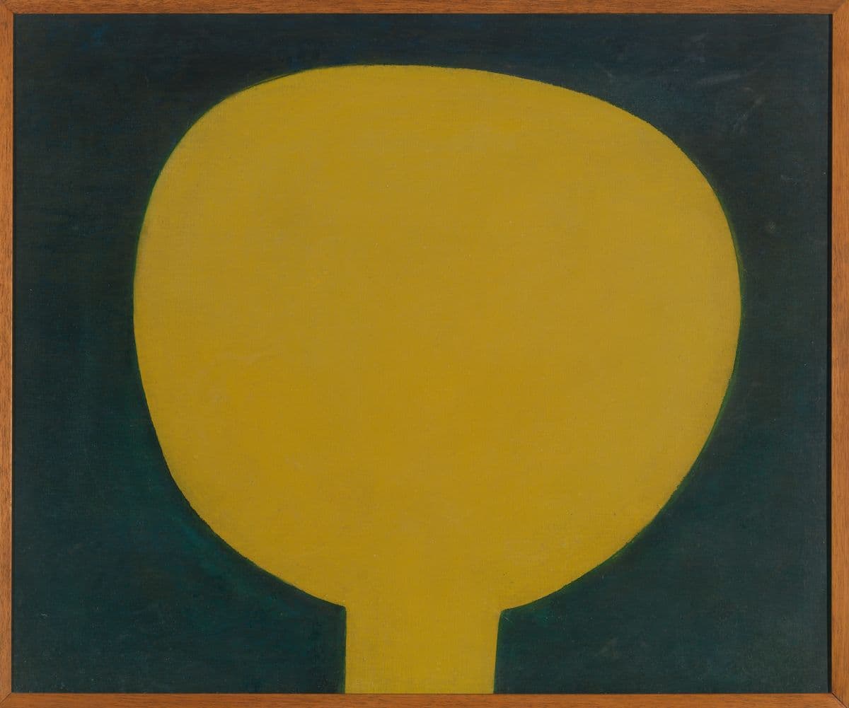 Image of painting with mustard oval shape on a black background