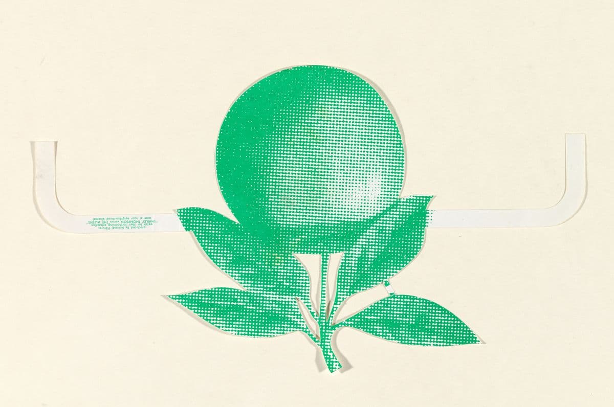 A risograph print of a green apple on a paper cut out