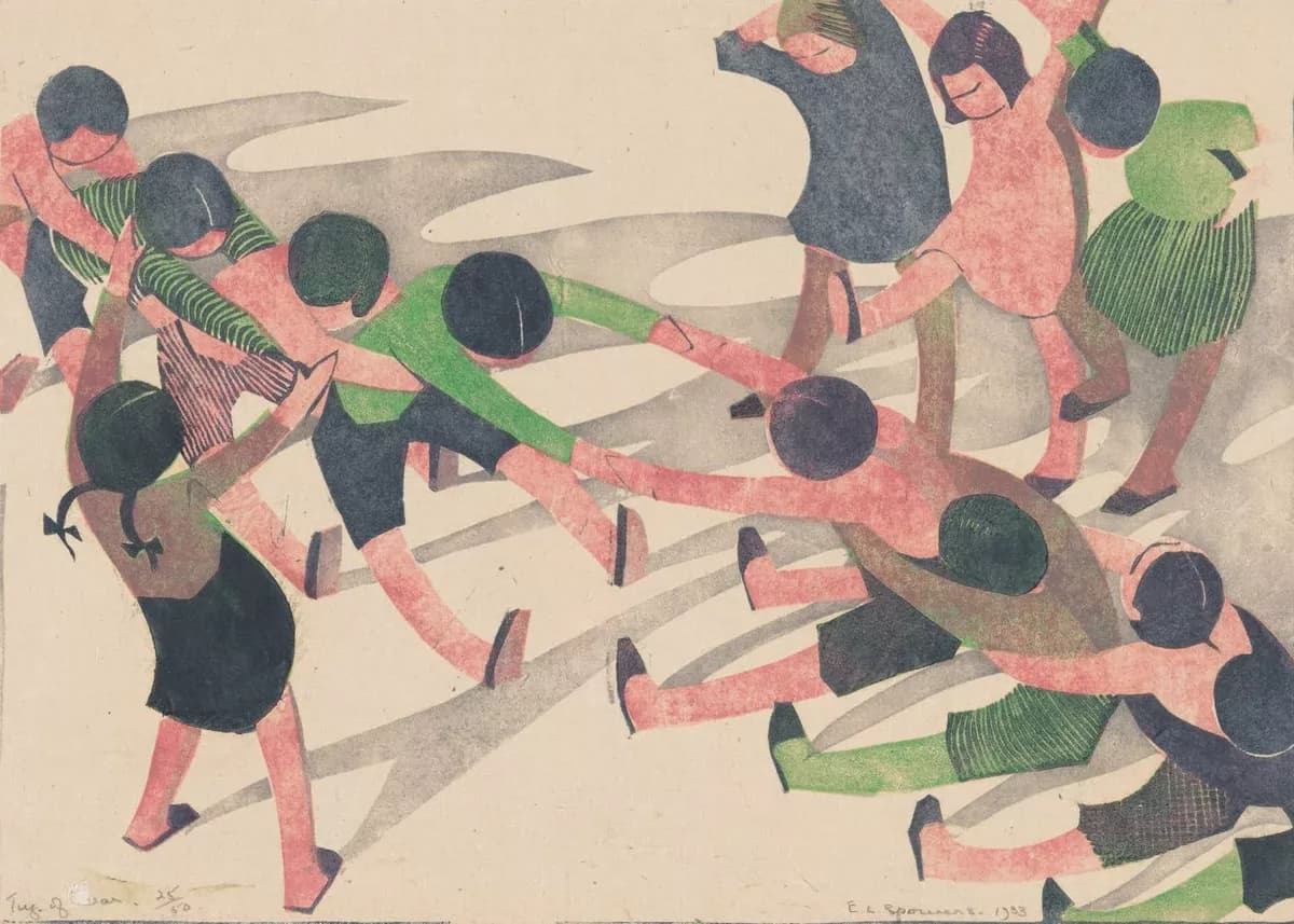 Print of children wearing green and black playing tug of war