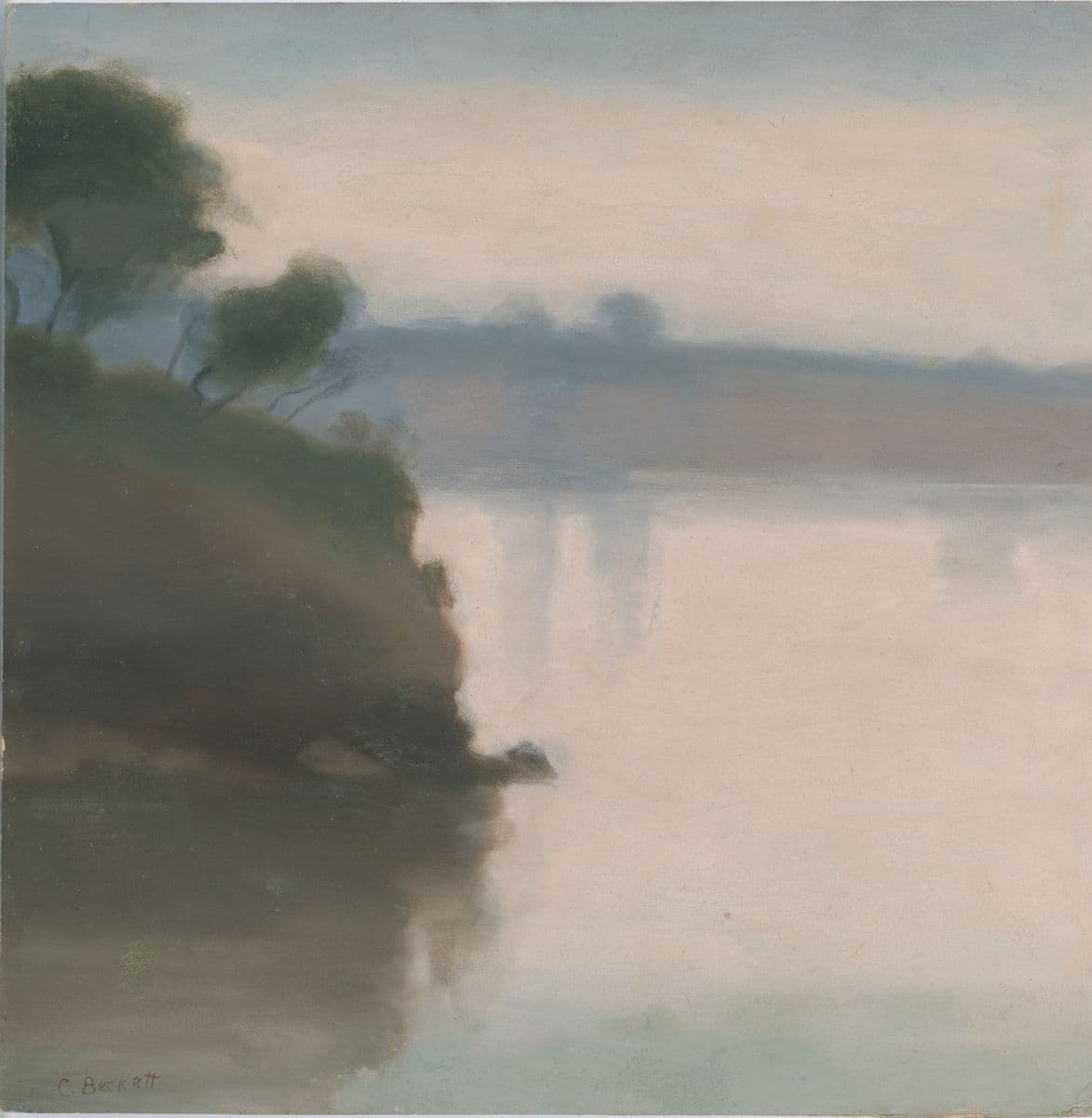 A blurry painting of a seascape with rivers edge and tree hanging to the left.
