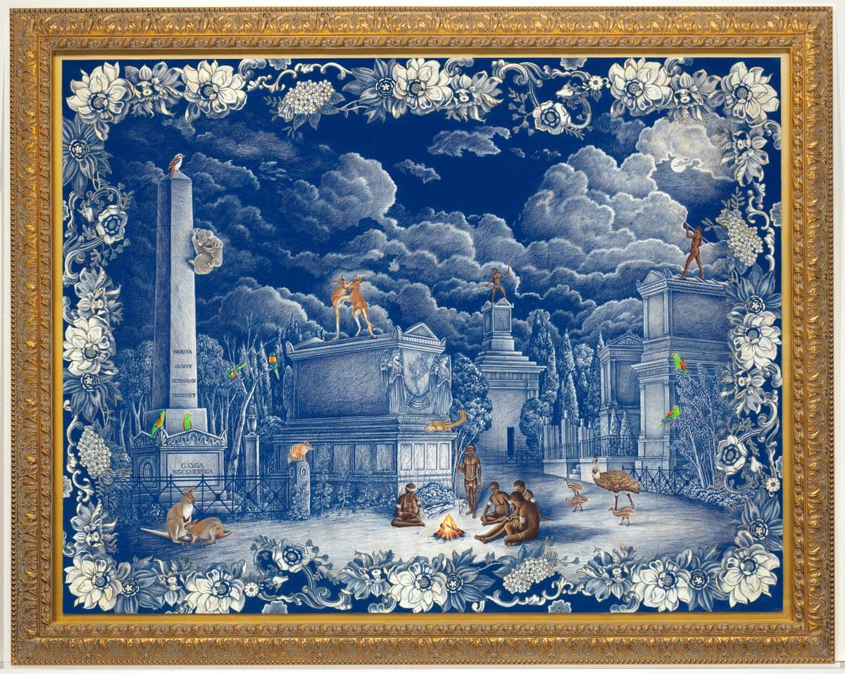 white and blue painting of a European graveyard with multicoloured native animals and a group of indigenous peoples around a campfire