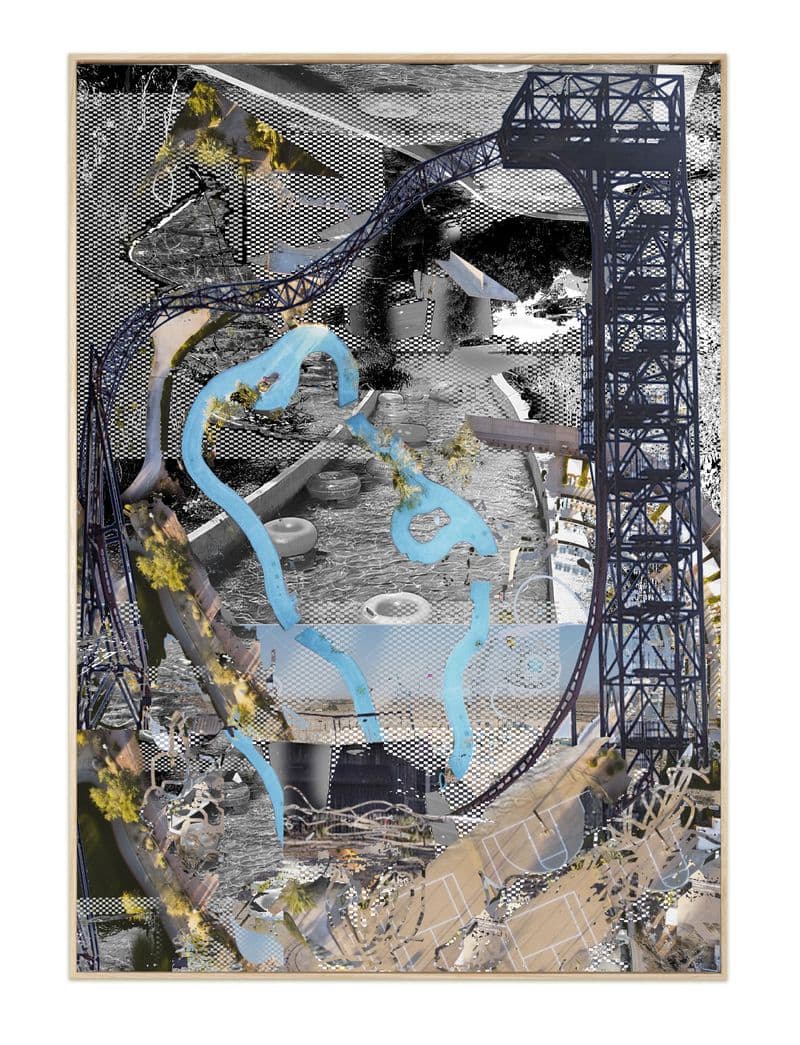 A work of contemporary collage with grey, blue and green colours and textures overlaid with images of urban landscapes