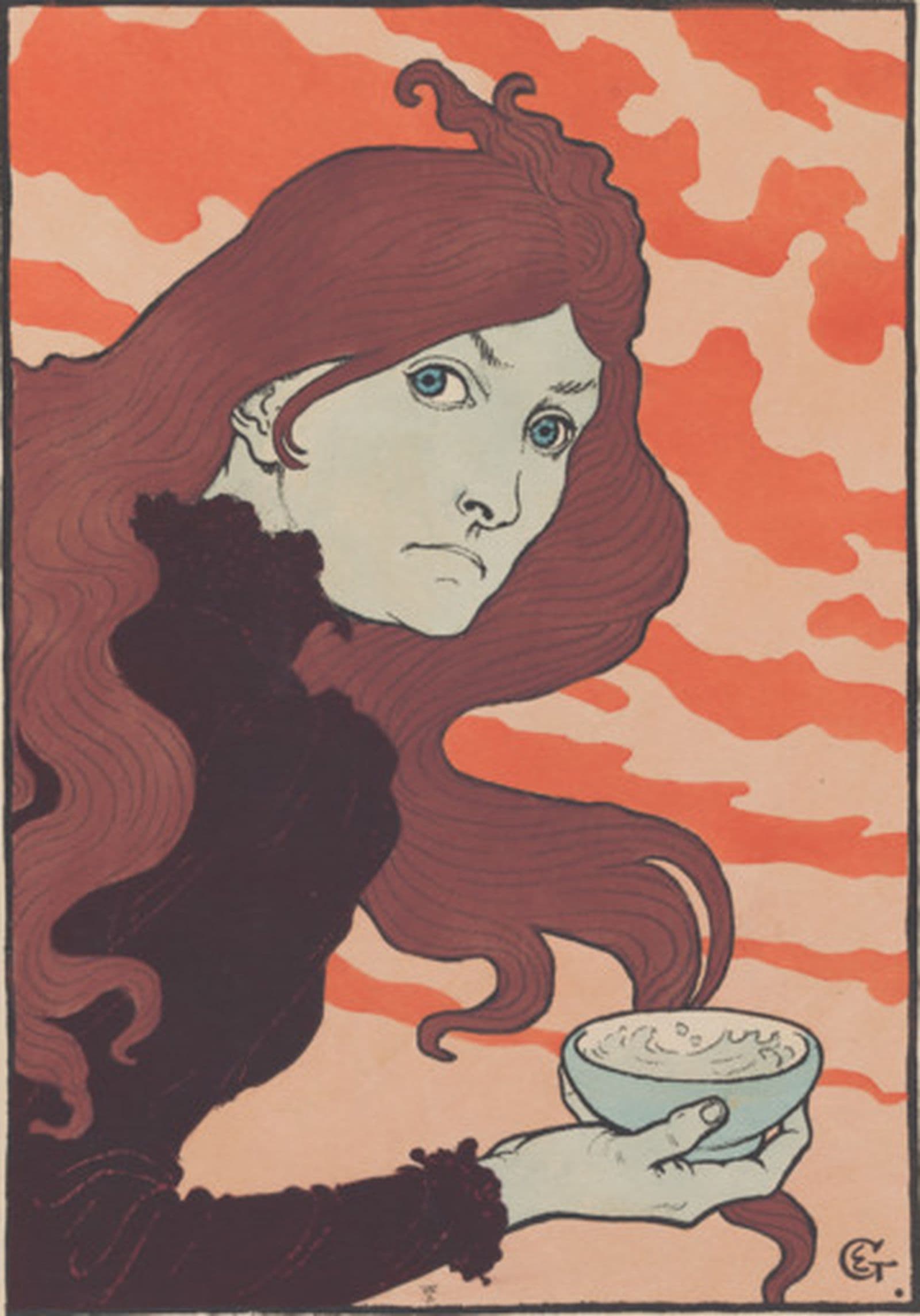 Print of a brown haired woman holding a small blue bowl of Acid in front of a wavy patterned blue and cream background
