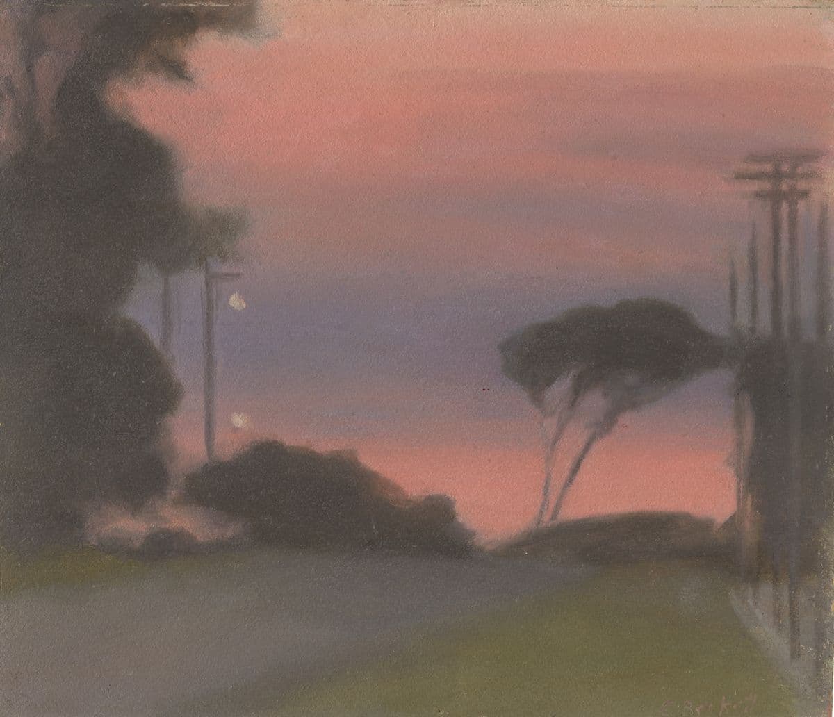 An abstract painting of a dusty pink sunset over a suburban street.