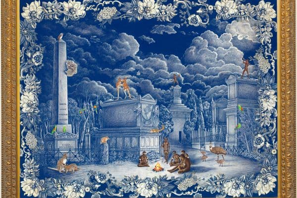 white and blue painting of a European graveyard with multicoloured native animals and a group of indigenous peoples around a campfire