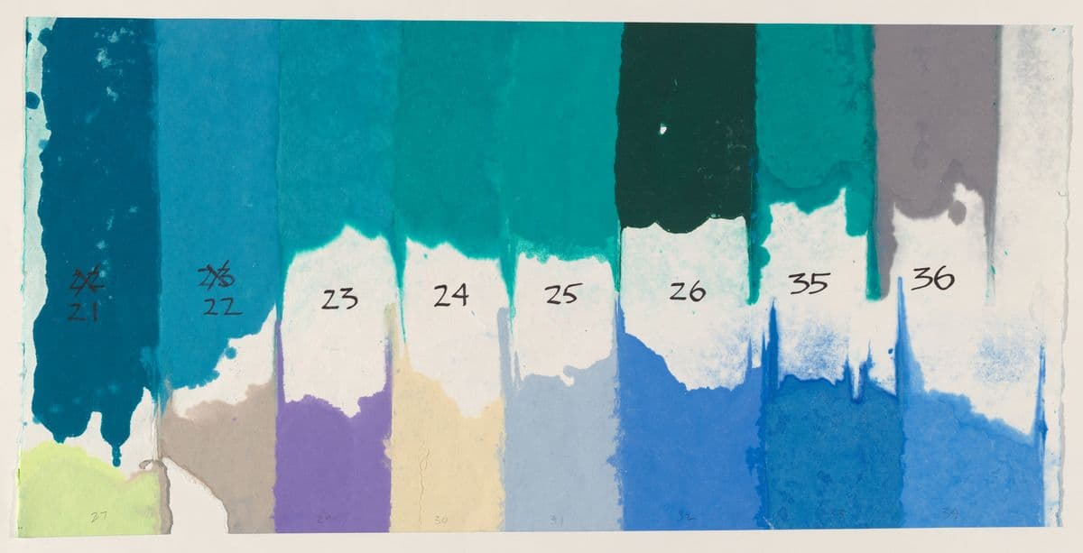 A chart of eight strips of paint colours with numbers on each of them