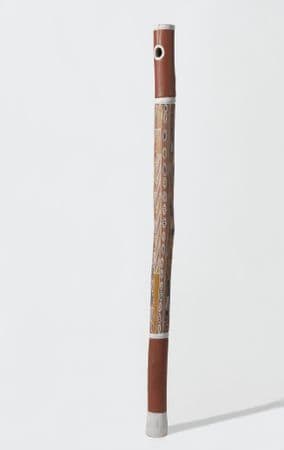 Tall and thin ochre pole with yellow, white, ochre and black Serpent, fish, yams, and caterpillars