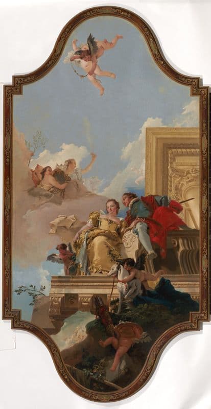 Renaissance painting featuring a marriage scene set in the sky with cherubs in sky