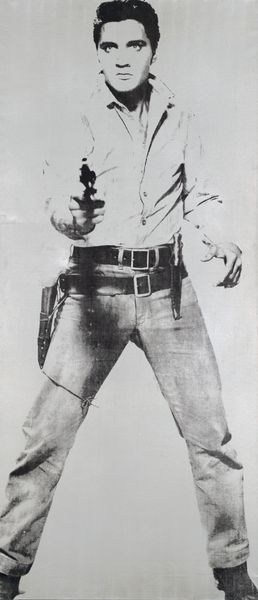 A black and white print of Elvis pointing a gun