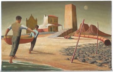 A painting of two men carrying a small boat up the beach towards an odd collection of buildings and shapes.