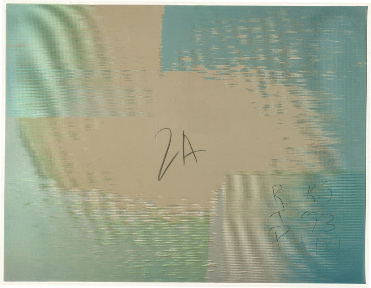 Abstract print in blue, green, white and tan inks with '2A' written in pencil in centre