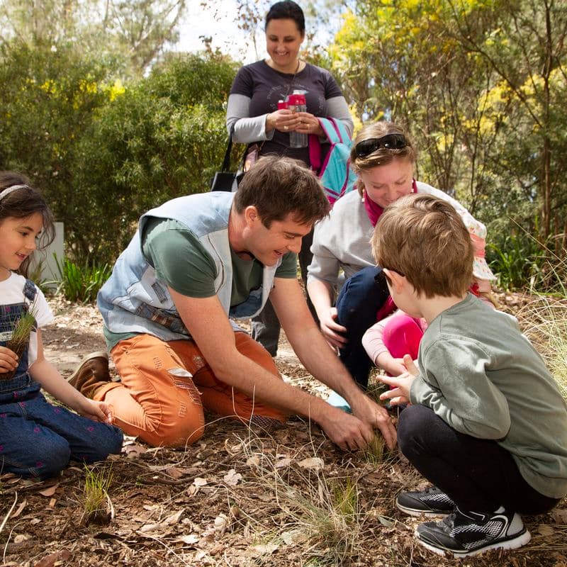 Photograph of a family group crouching in the garden beds of the Sculpture Garden
