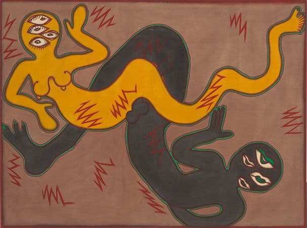Two figures - black and yellow feature multiple eyes, a single leg each