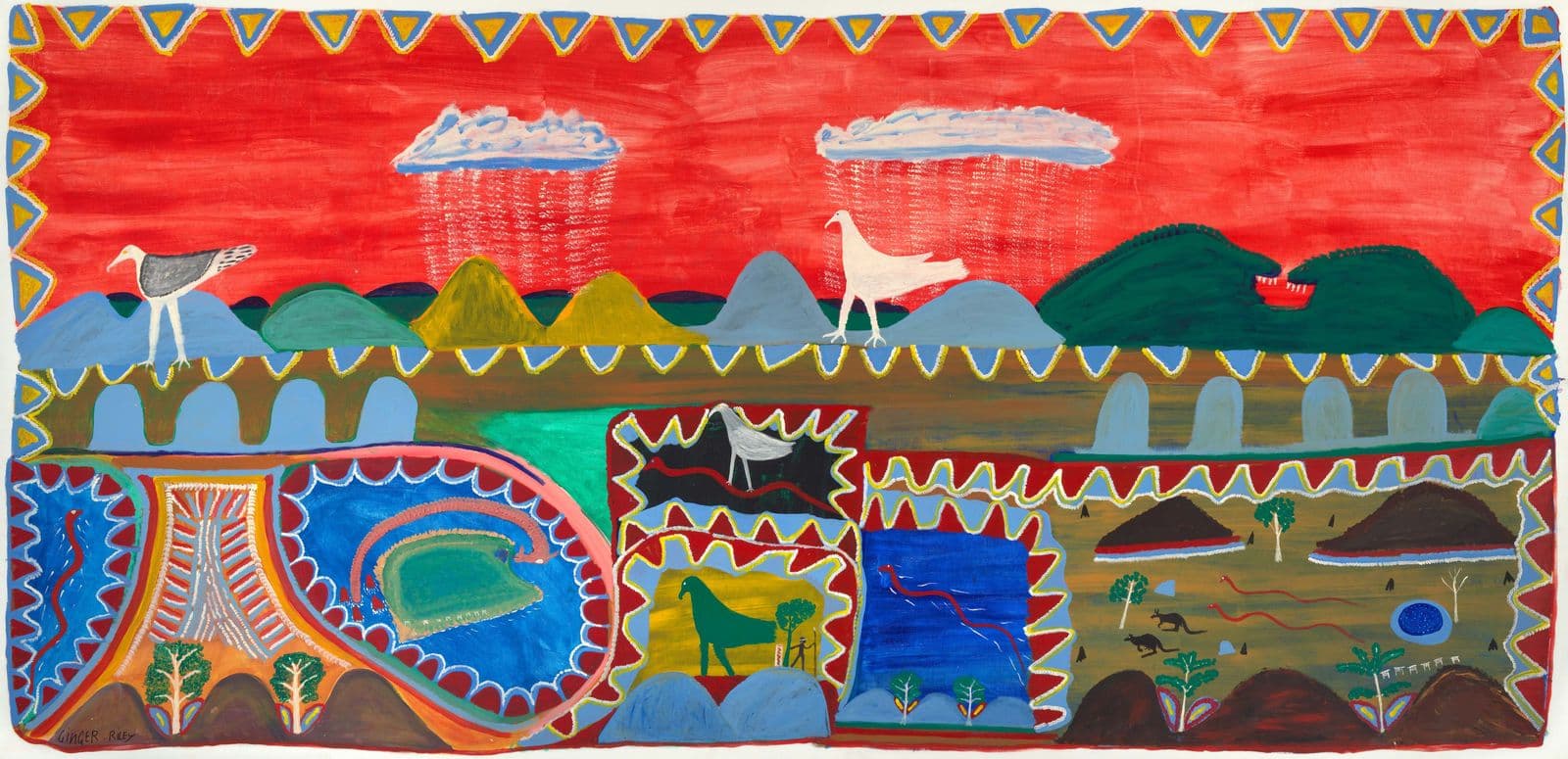 Bright, multi-coloured depiction of Ginger Riley Munduwalawala's, Mara people, Country including birds, other wildlife and watering holes.