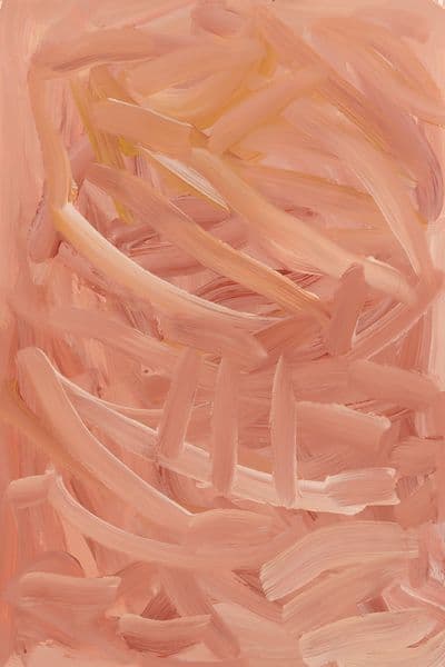 An abstract painting in peach and pink tones.