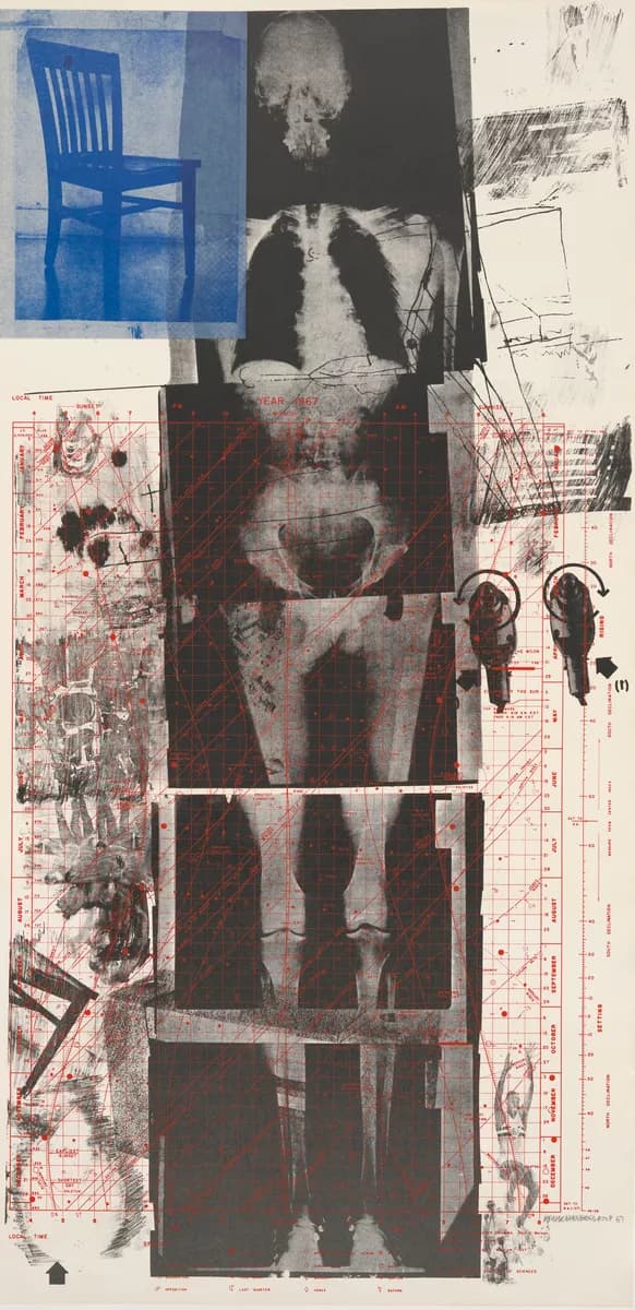 Collaged print image of human skeleton and blue chair