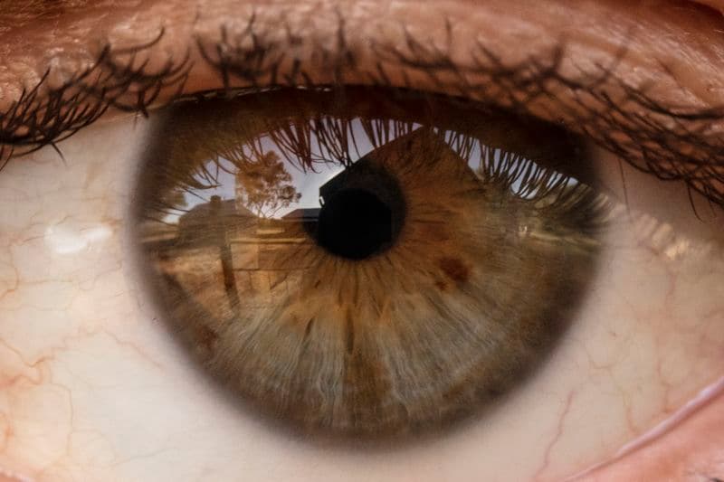 Close up image of the artists eye in which an outback barn can be seen reflected