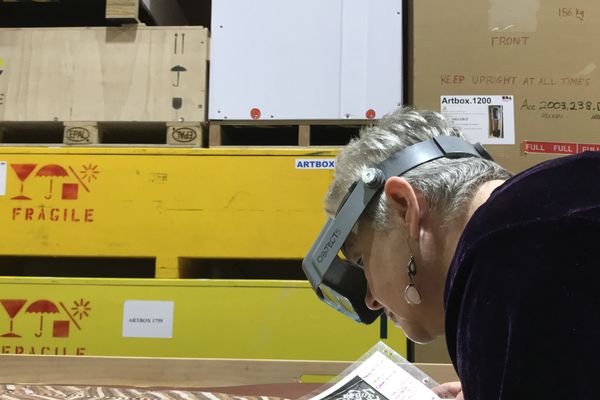 Photo of Objects Conservator Beata Tworek condition reporting bark paintings