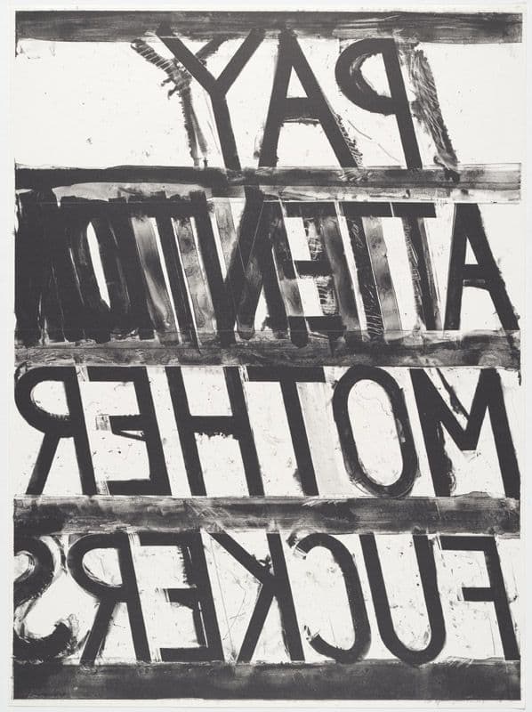 Black and white print of backwards text reading "pay attention Motherfuckers"