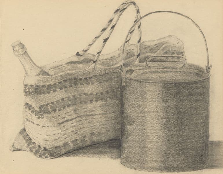 A sketch of a basket, bottle and billy can in pencil on paper