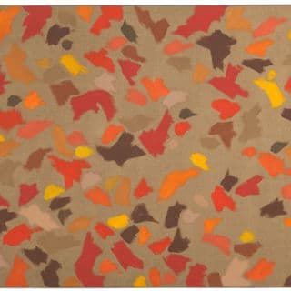A painting of red, yellow, orange, brown and beige irregular shapes on top of a dark brown canvas