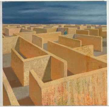 A labyrinth of sandstone coloured walls takes up the bottom two thirds of the painting. The lightly clouded sky matched the coat of a man standing in the centre of the maze, wearing a hat and gazing into one of the corridors.