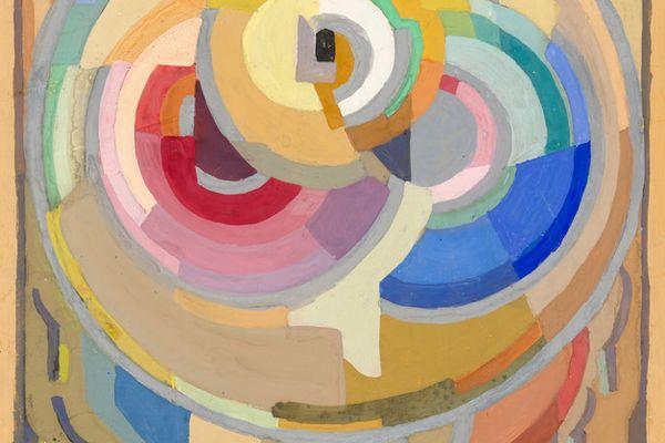 A drawing of interlocking circles in a rainbow of colours.