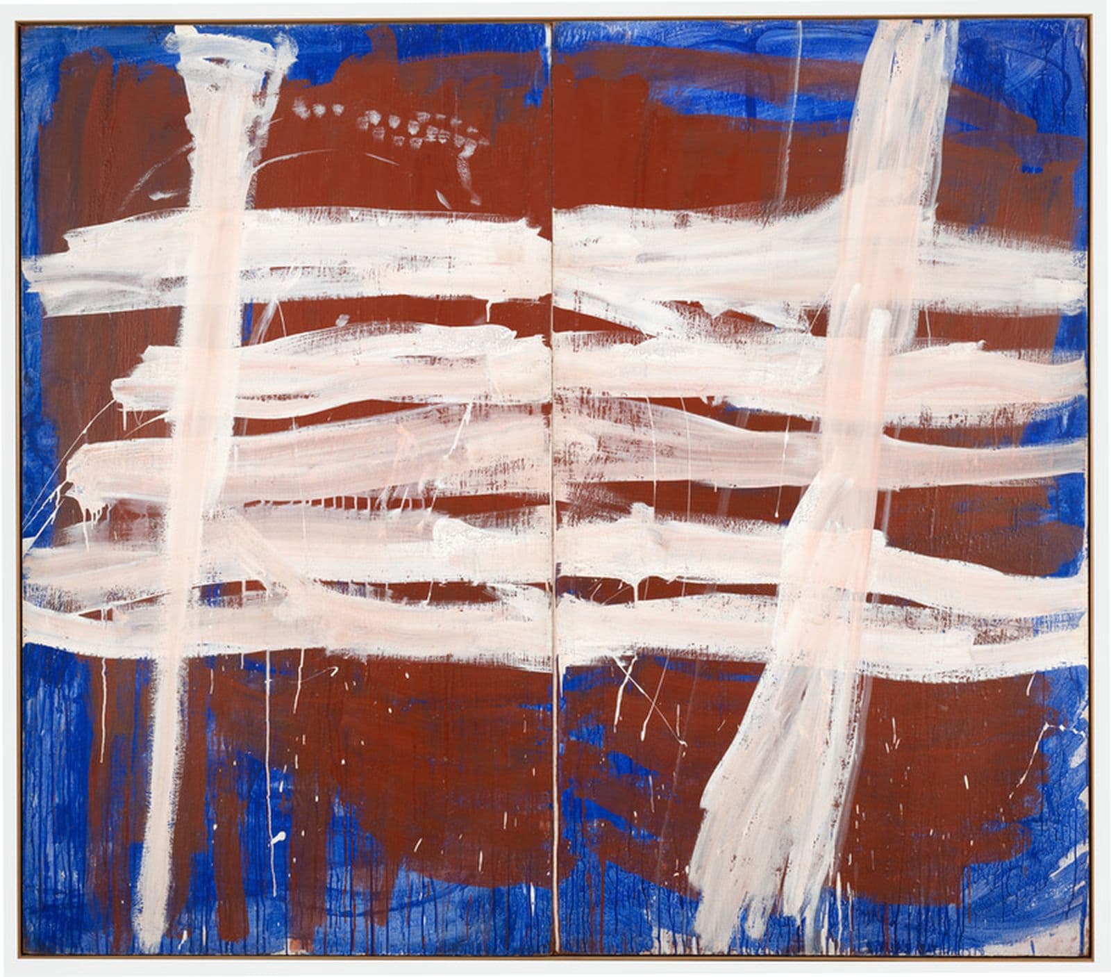 An abstract painting with a blue base, splashes of red, then topped with white.