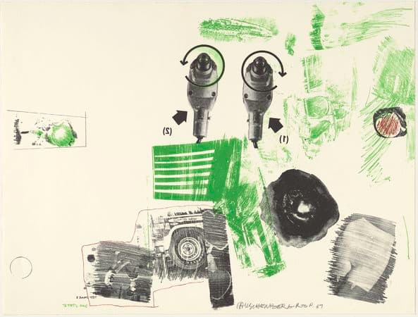 Print in black and green on white featuring two drills, a car wheel, and a lower torso