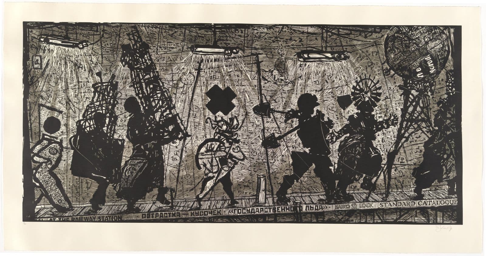 Black and white print of eight figures walking in procession carrying shovels and other equipment in what appears to be a tunnel
