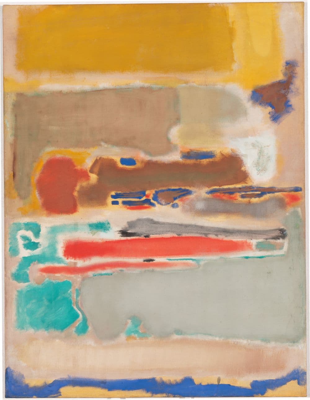 An Abstracted work of yellow, blue, pink, and grey tones