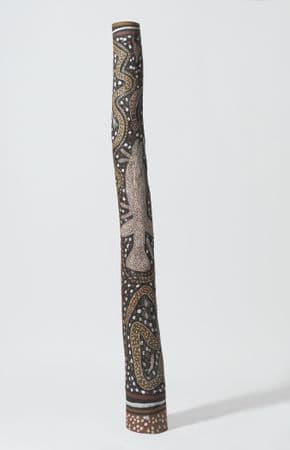 Wide pole with black, white, red ochre and yellow animal imagery and traditional patterning