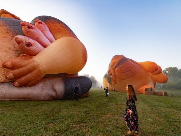 A photograpg of a woman wearing a long dress standing in a field next to a large hot air balloon in the shape of a skywhale being inflated