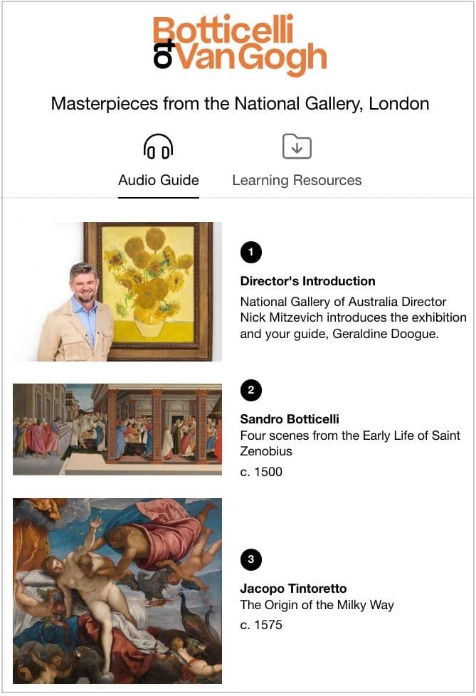 A screenshot of the landing page of an audio tour, showing the exhibition logo/title and the first three stops of the audio tour, which are thumbnail images of works in the exhibition along with their captions