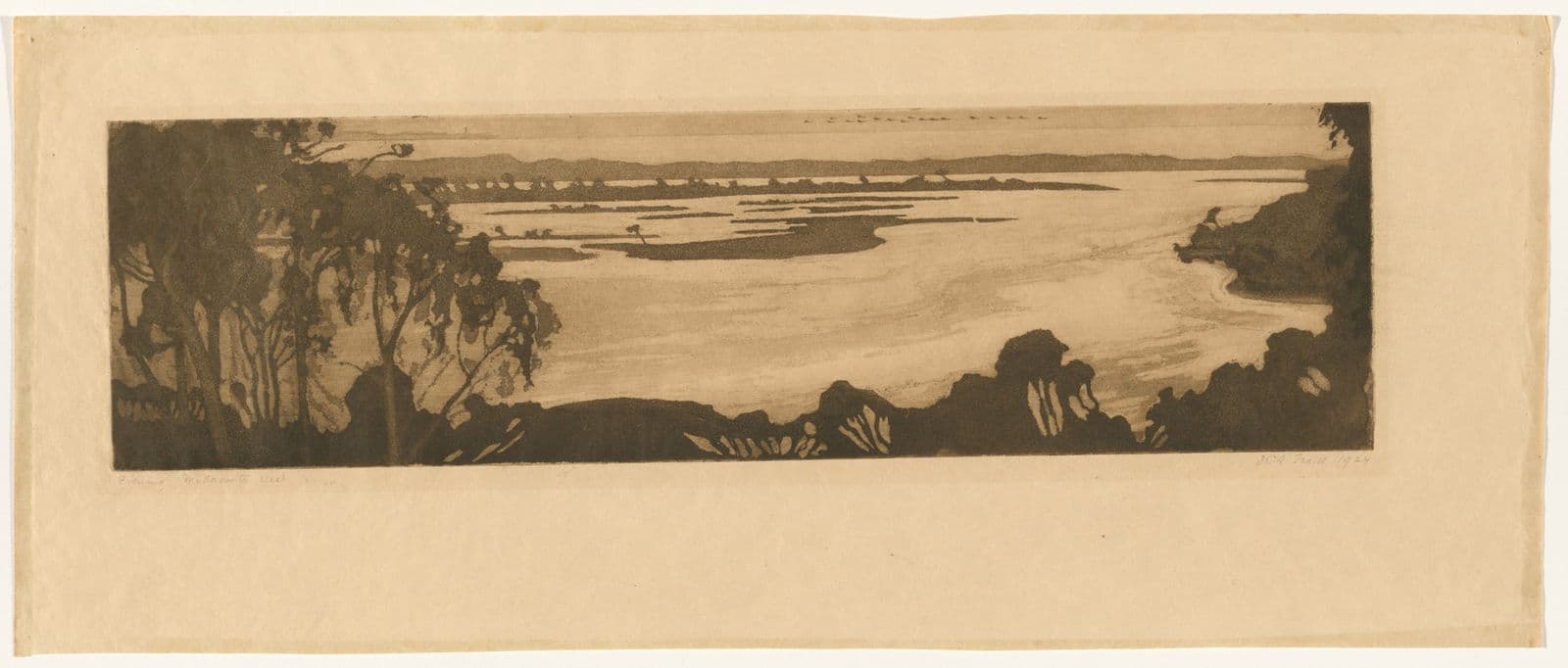 Black print of river and surrounding bushland on dark cream paper