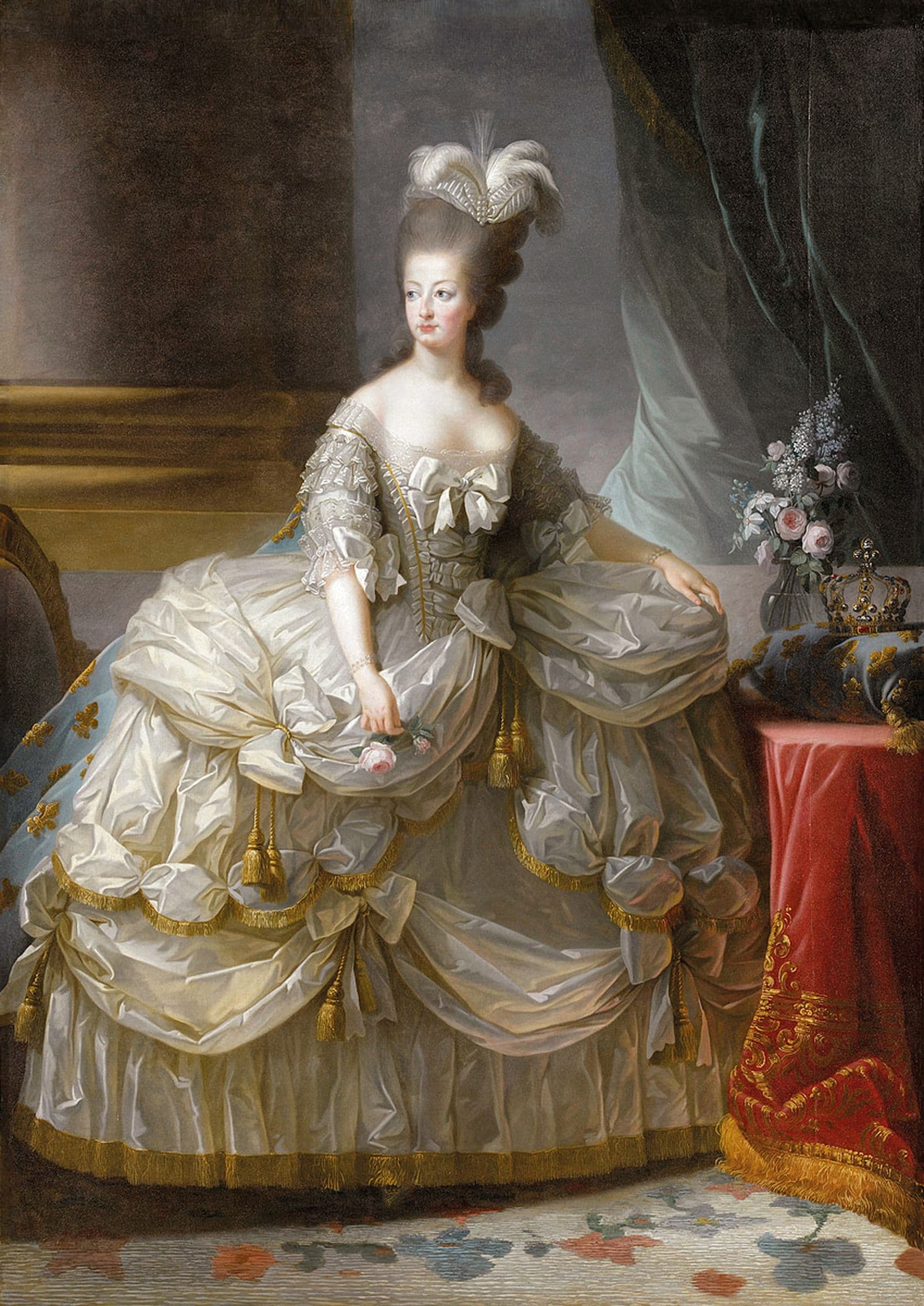 full-length portrait of Queen Marie Antoinette wearing silver and gold iridescent dress with voluminous skirt