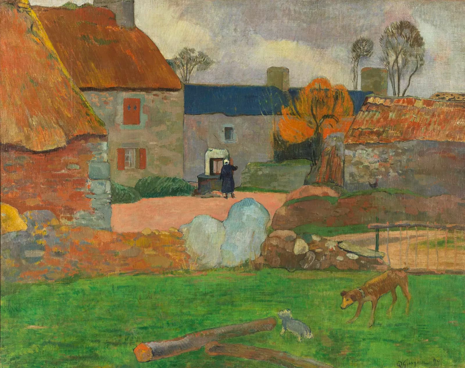 Painting of houses in a Breton village with a woman standing by a well in the centre.