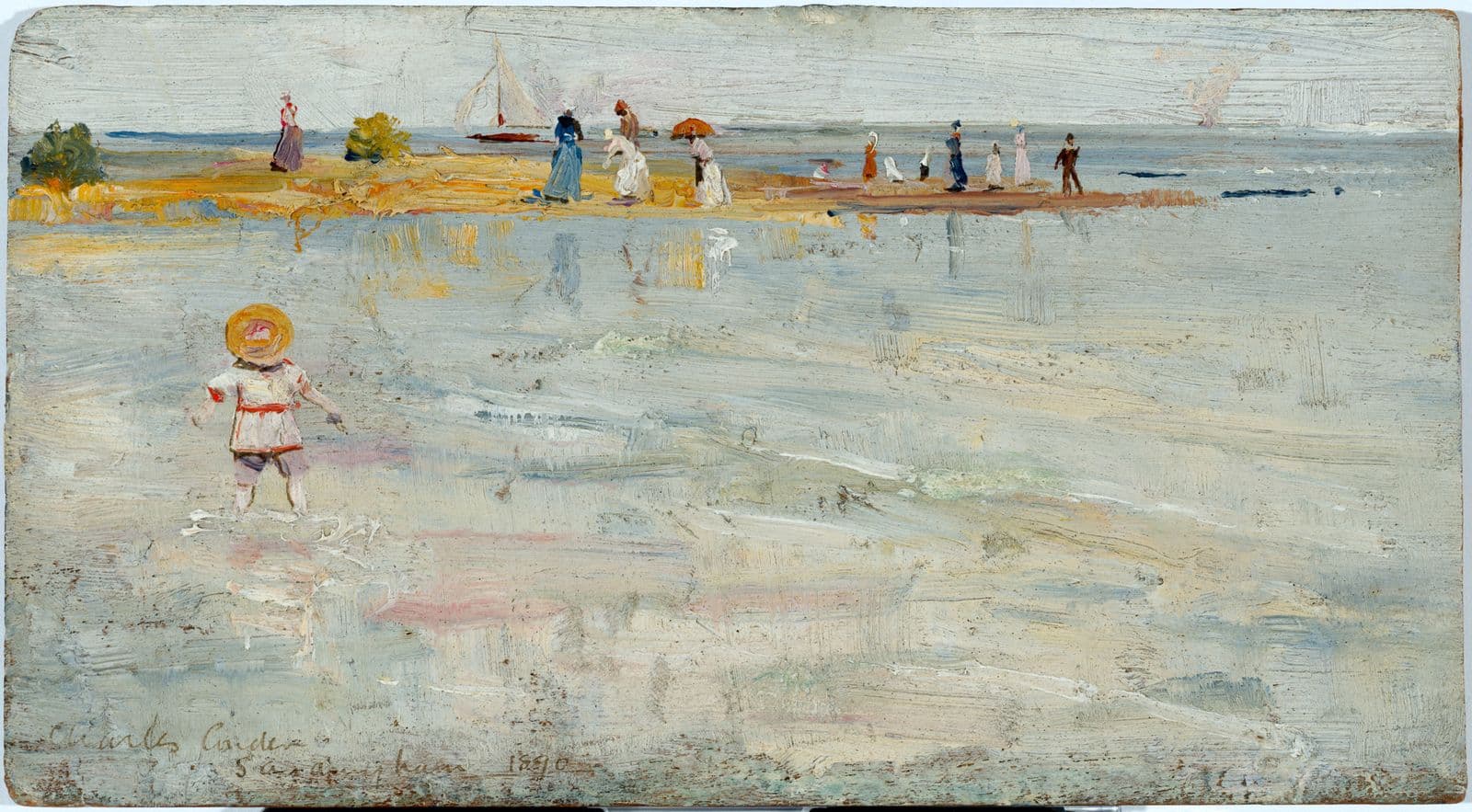 Impressionist landscape painting of a day at the beach, child in the foreground, a group of people and a sailing boat in the background