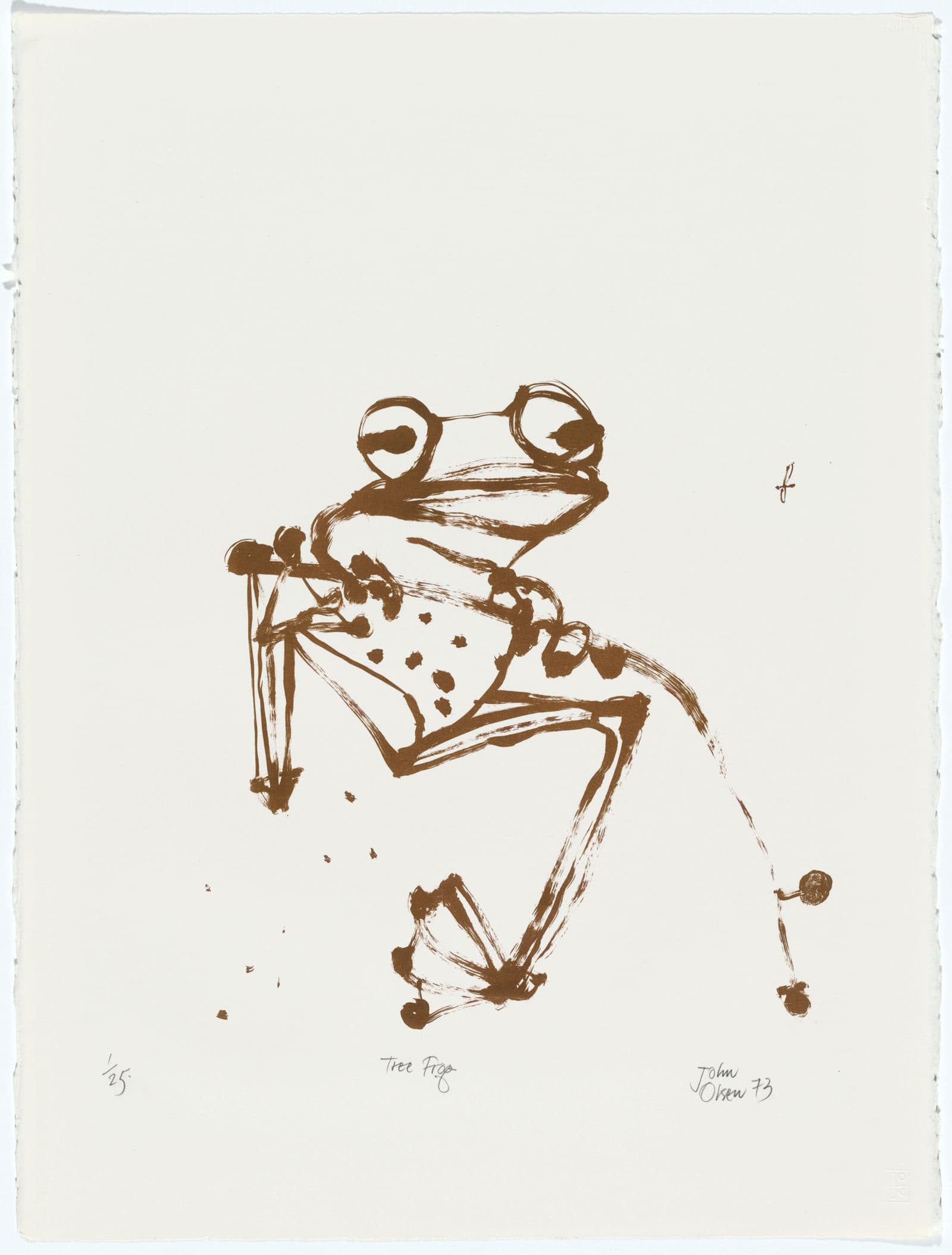 Simplistic print of frog sprawled out, brown ink on cream paper