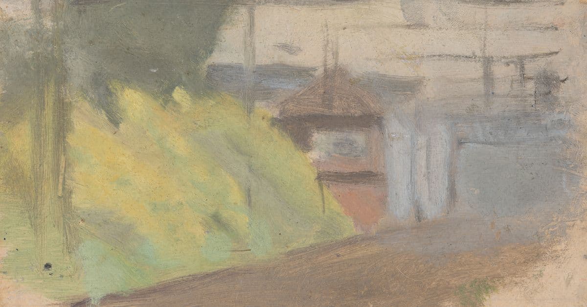 An abstract painting of a train signal box along a bushy walkway.