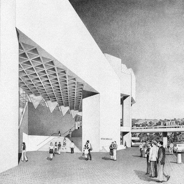 Detailed black and white drawing of a building exterior