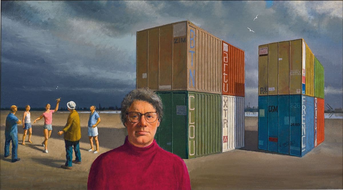 Painting of a man in the foreground wearing a red skivvy, and spectacles. In the background two sets of four stacked shipping containers and five people playing a game, throwing two coins in the air