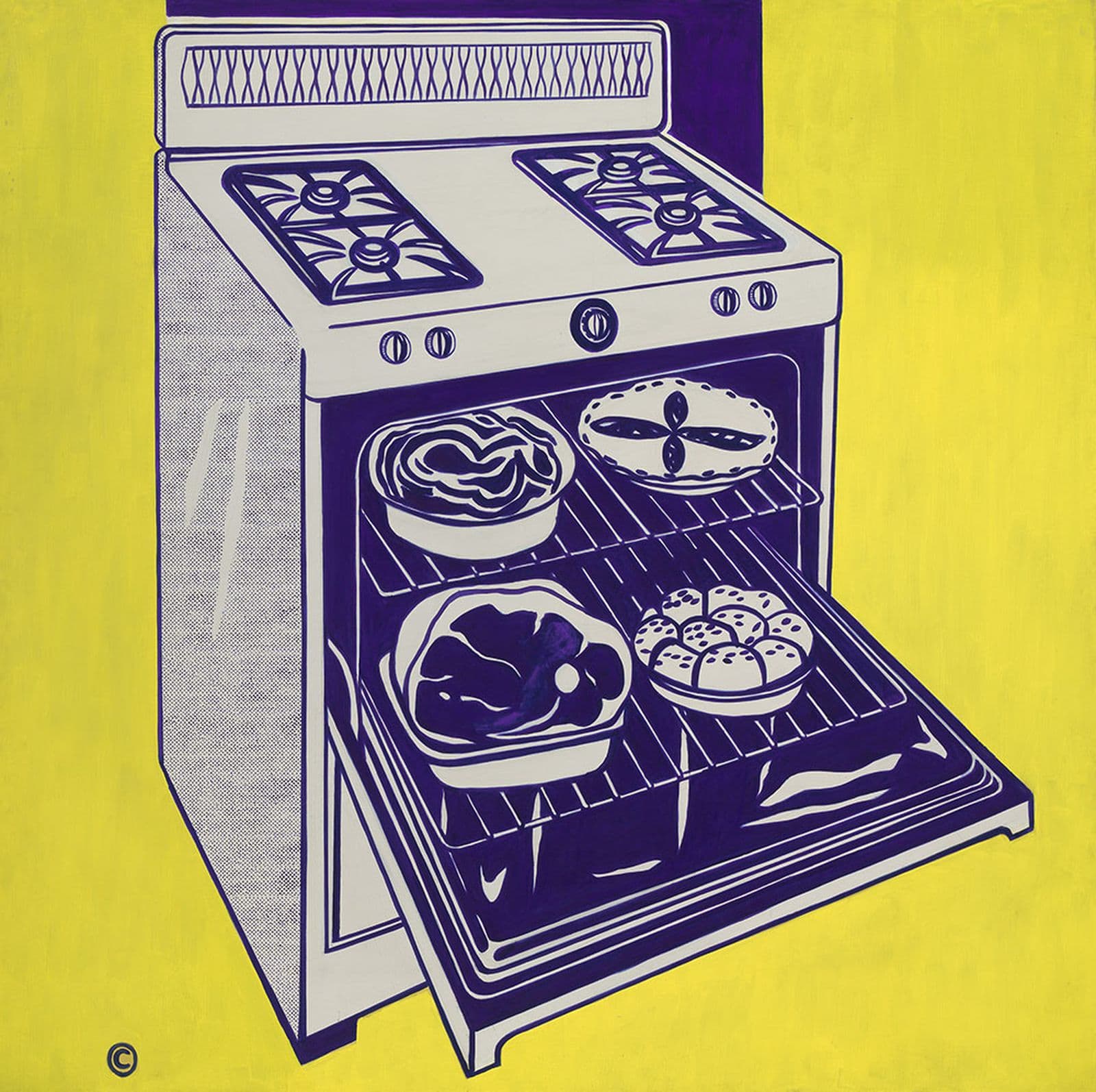 A yellow and blue pop art image of an oven