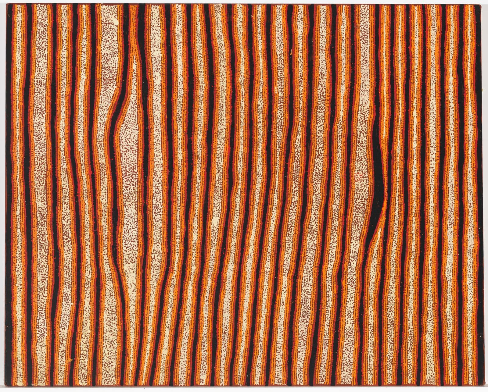Indigenous painting of black and orange vertical forms