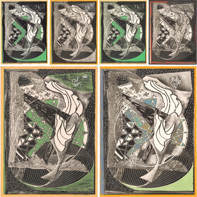 A series of different coloured versions of Frank Stella's abstract work ‘Jonah historically regarded, state I’