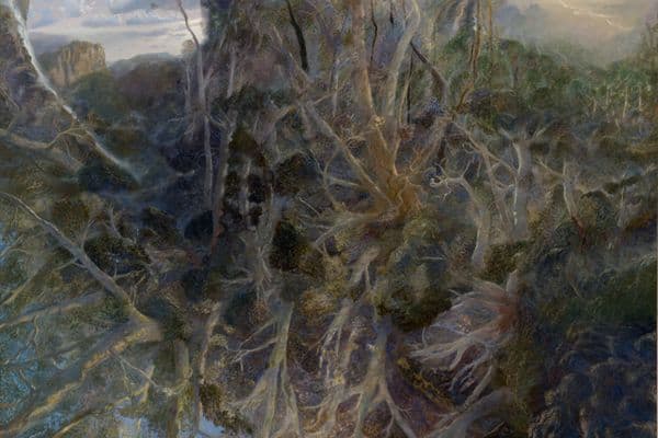 Painting of landscape of trees reflecting in a body of water