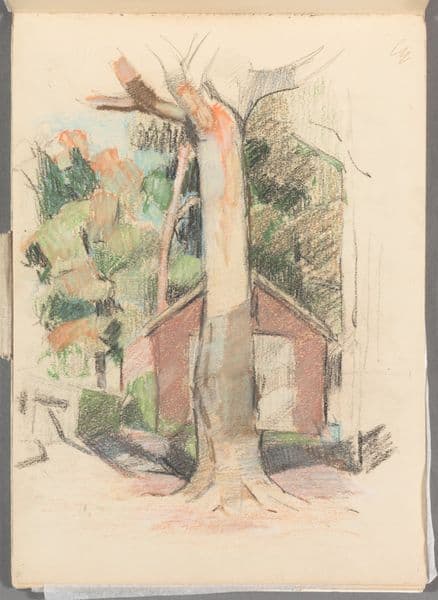 A sketch of an old house surrounded by trees
