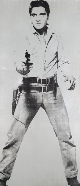 A black and white print of Elvis pointing a gun
