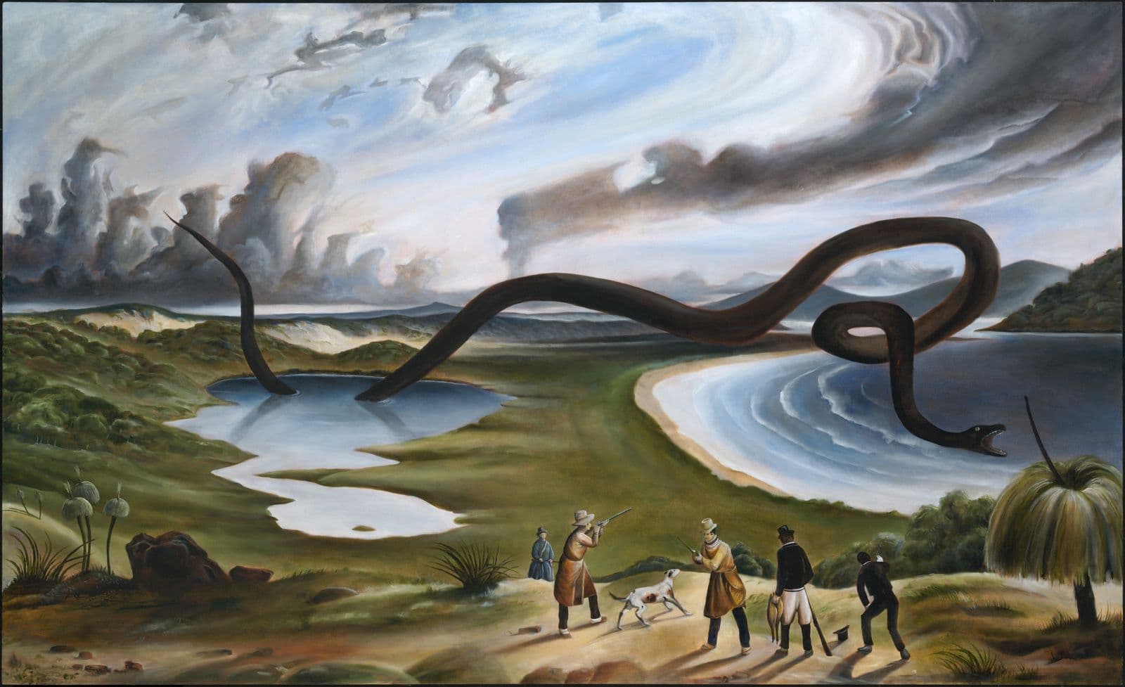 Landscape painting of hills and bodies of water. Out of the water flies a large black serpent. Below, five European hunter take aim at the serpent
