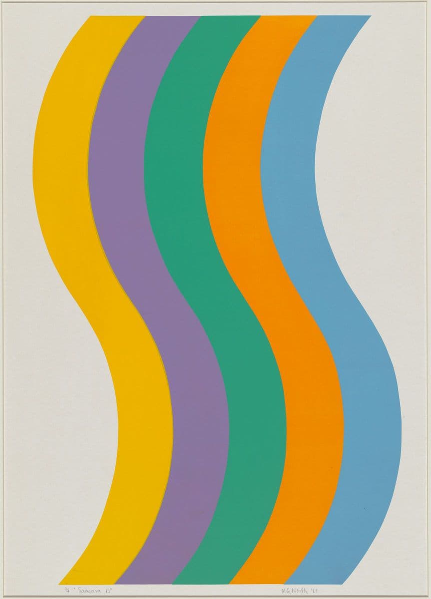 A print of a colourful waving set of lines